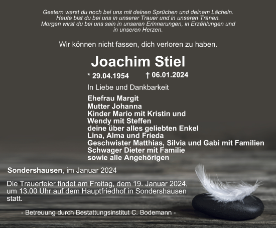 Traueranzeige von Joachim Stiel