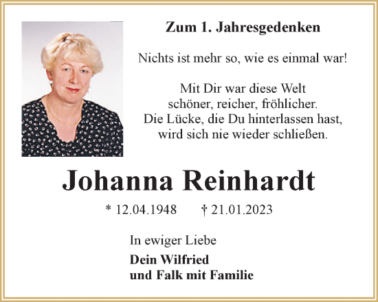 Traueranzeige von Johanna Reinhardt von Thüringer Allgemeine, Thüringische Landeszeitung