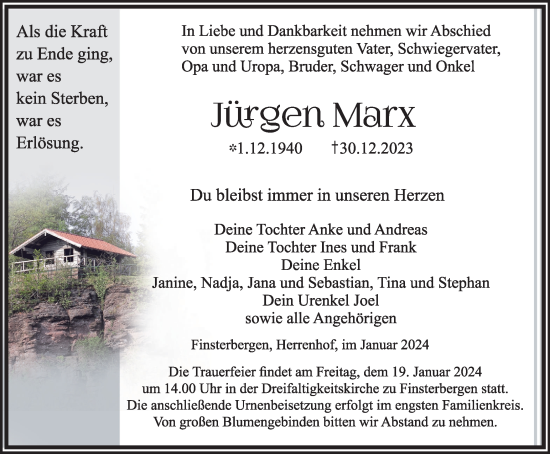 Traueranzeige von Jürgen Marx von Thüringer Allgemeine, Thüringische Landeszeitung