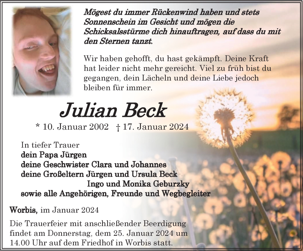  Traueranzeige für Julian Beck vom 23.01.2024 aus Thüringer Allgemeine