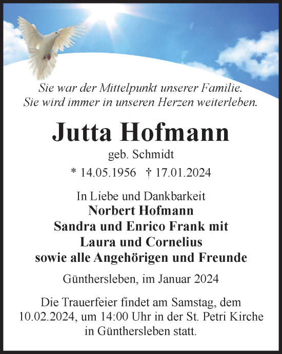 Traueranzeige von Jutta Hofmann von Thüringer Allgemeine, Thüringische Landeszeitung