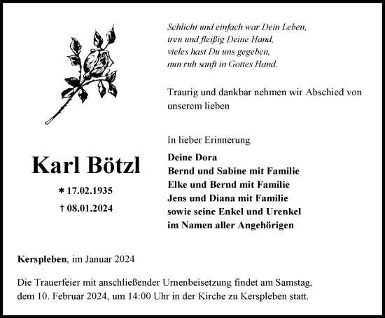 Traueranzeige von Karl Bötzl von Thüringer Allgemeine, Thüringische Landeszeitung