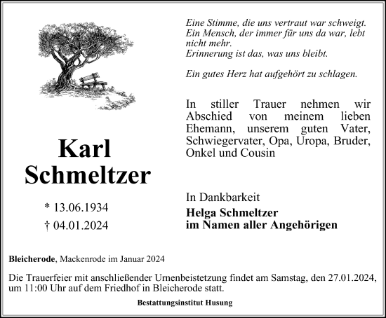 Traueranzeige von Karl Schmeltzer von Thüringer Allgemeine