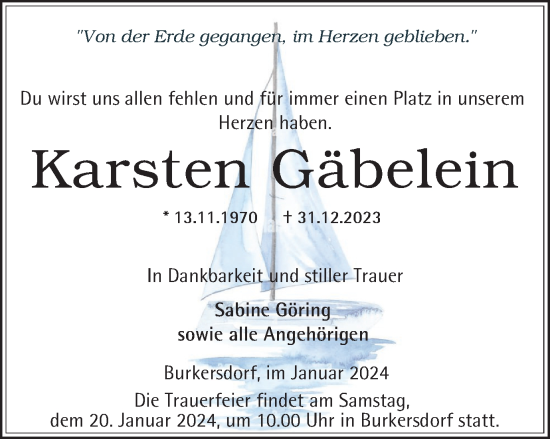 Traueranzeige von Karsten Gäbelein von Ostthüringer Zeitung