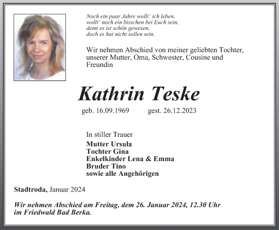 Traueranzeige von Kathrin Teske von Ostthüringer Zeitung