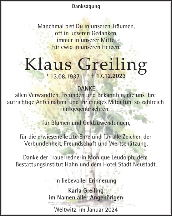 Traueranzeige von Klaus Greiling