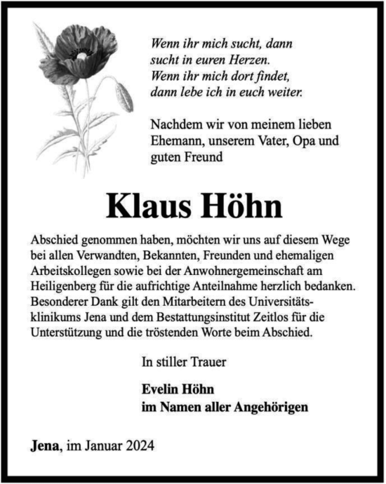 Traueranzeige von Klaus Höhn von Ostthüringer Zeitung, Thüringische Landeszeitung
