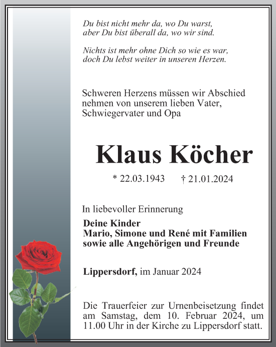 Traueranzeige von Klaus Köcher von Ostthüringer Zeitung