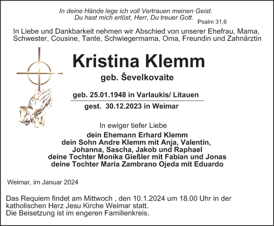 Traueranzeige von Kristina Klemm von Thüringer Allgemeine, Thüringische Landeszeitung