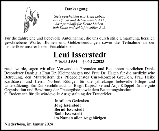 Traueranzeige von Leni Isserstedt