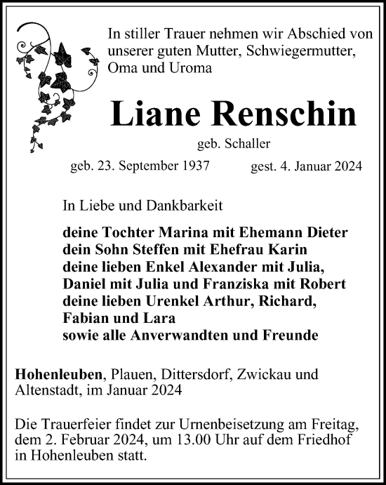 Traueranzeige von Liane Renschin von Ostthüringer Zeitung