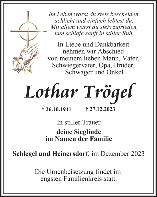 Traueranzeige von Lothar Trögel von Ostthüringer Zeitung