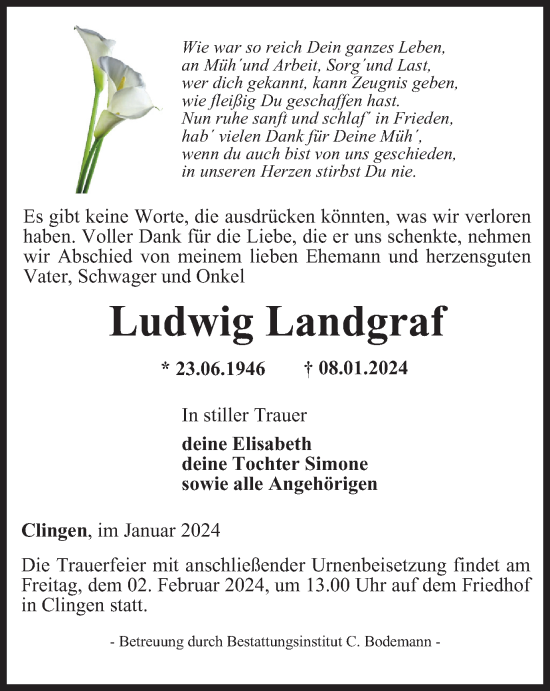 Traueranzeige von Ludwig Landgraf