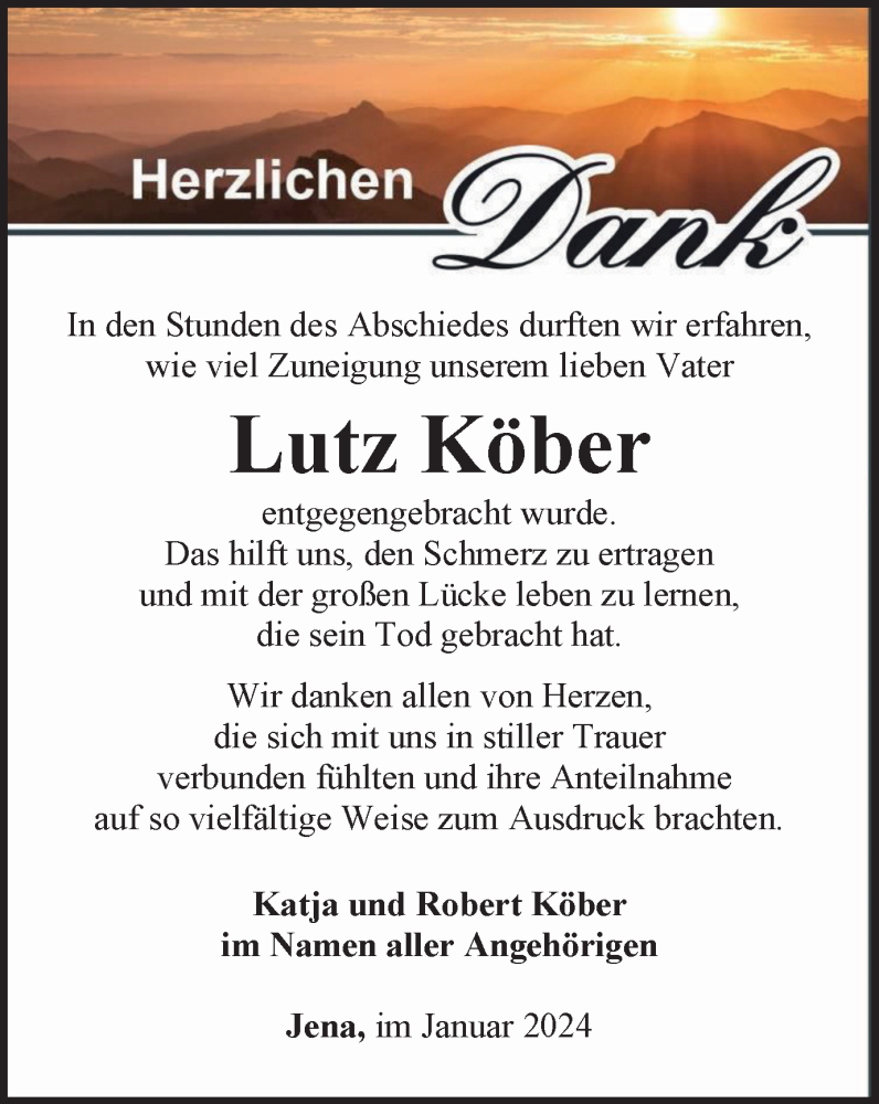  Traueranzeige für Lutz Köber vom 06.01.2024 aus Ostthüringer Zeitung, Thüringische Landeszeitung