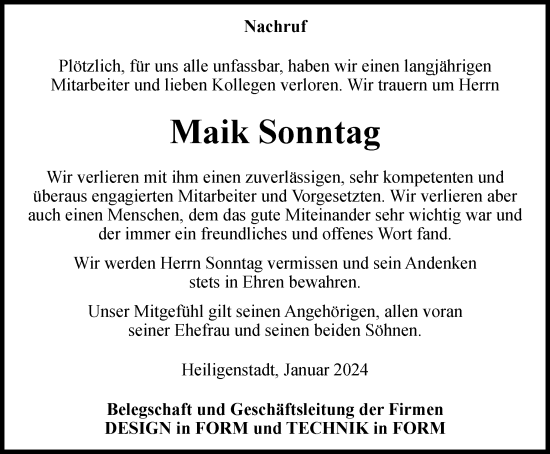 Traueranzeige von Maik Sonntag von Thüringer Allgemeine