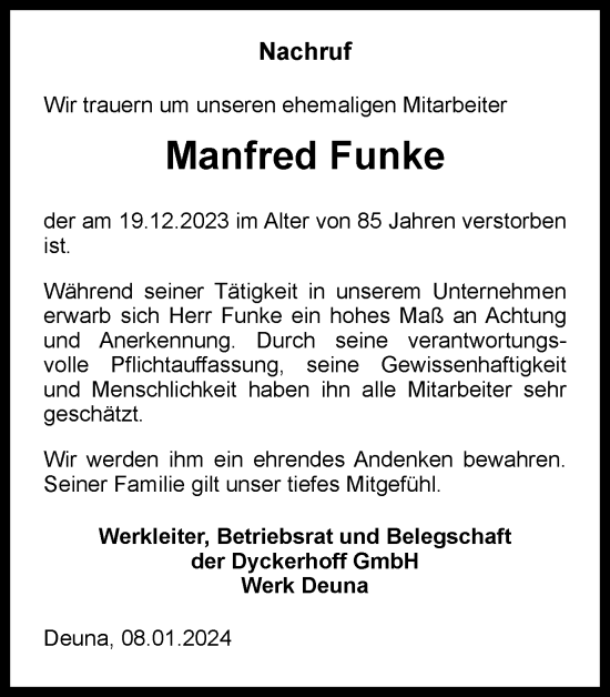 Traueranzeige von Manfred Funke von Thüringer Allgemeine