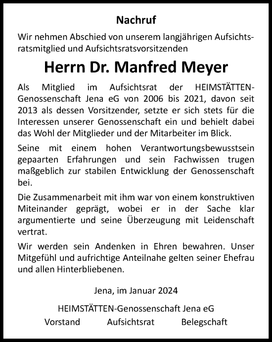 Traueranzeige von Manfred Meyer von Ostthüringer Zeitung, Thüringische Landeszeitung