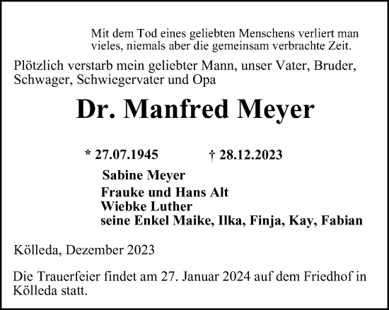 Traueranzeige von Manfred Meyer von Ostthüringer Zeitung, Thüringische Landeszeitung