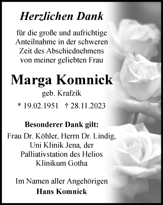 Traueranzeige von Marga Komnick von Thüringer Allgemeine, Thüringische Landeszeitung