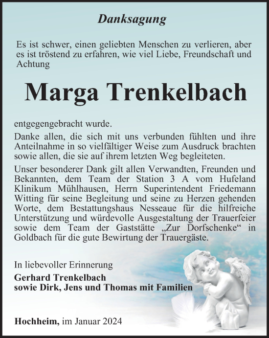 Traueranzeige von Marga Trenkelbach von Thüringer Allgemeine, Thüringische Landeszeitung