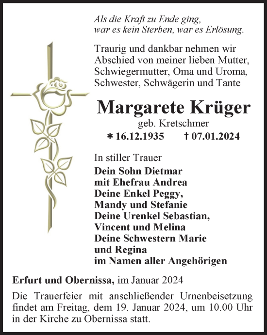 Traueranzeige von Margarete Krüger von Thüringer Allgemeine, Thüringische Landeszeitung