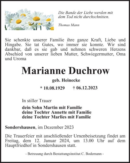 Traueranzeige von Marianne Duchrow