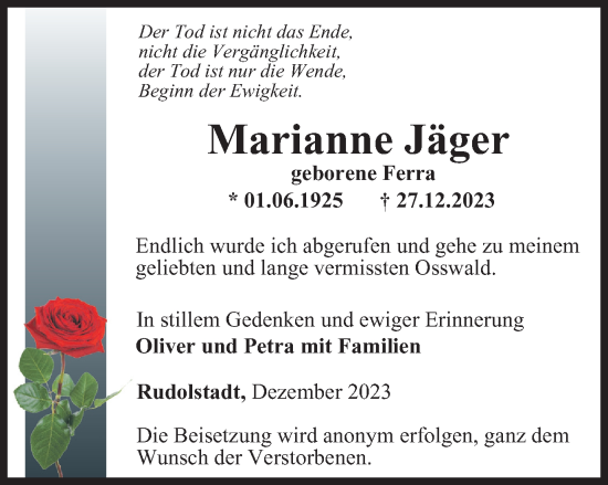 Traueranzeige von Marianne Jäger von Ostthüringer Zeitung