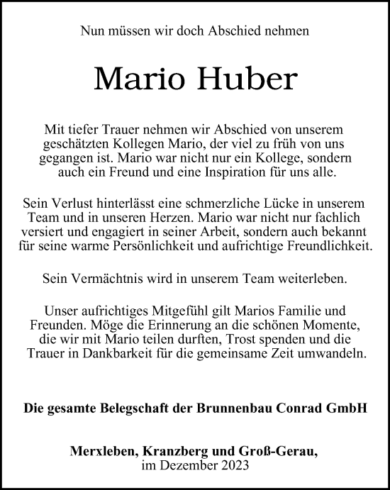 Traueranzeige von Mario Huber von Thüringer Allgemeine, Thüringische Landeszeitung