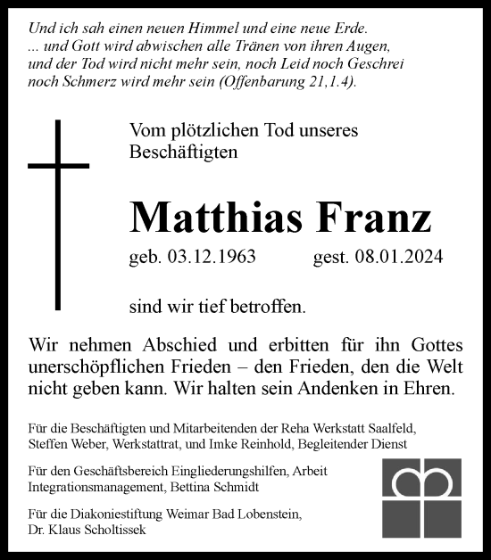 Traueranzeige von Matthias Franz von Ostthüringer Zeitung