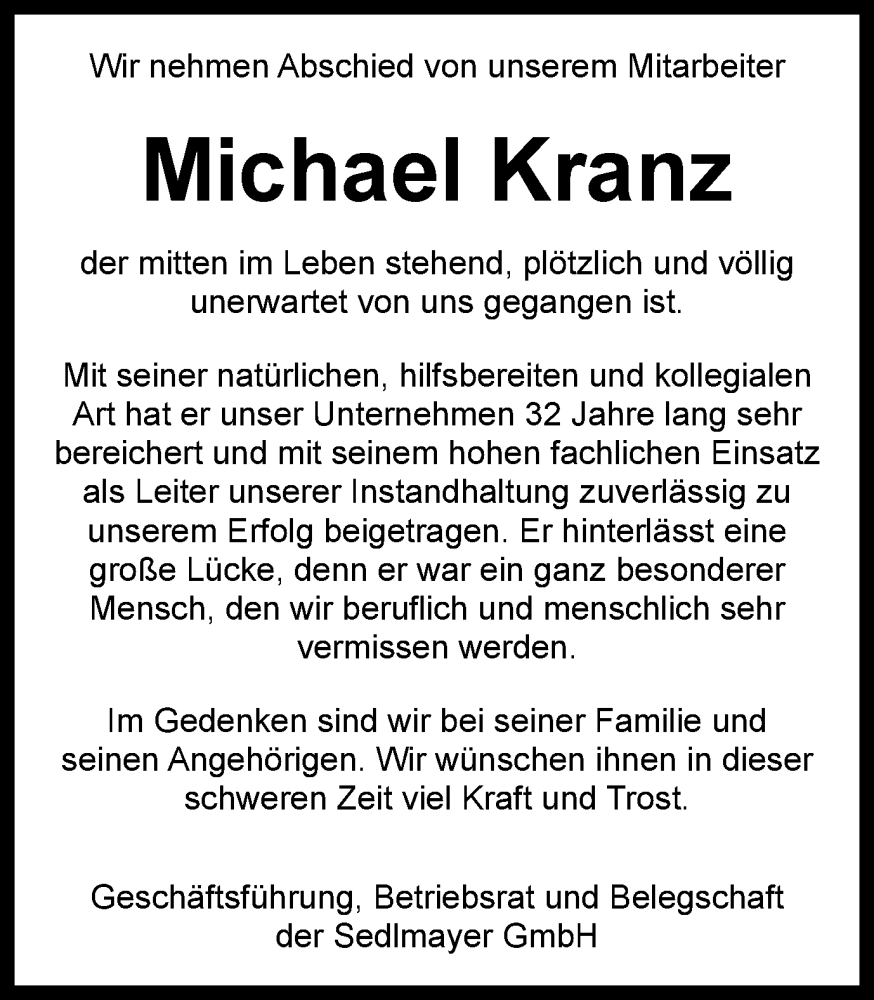  Traueranzeige für Michael Kranz vom 20.01.2024 aus Ostthüringer Zeitung