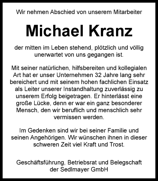 Traueranzeige von Michael Kranz von Ostthüringer Zeitung