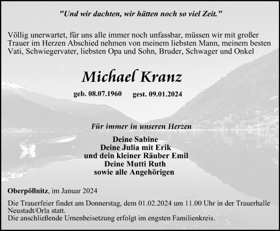 Traueranzeige von Michael Kranz von Ostthüringer Zeitung