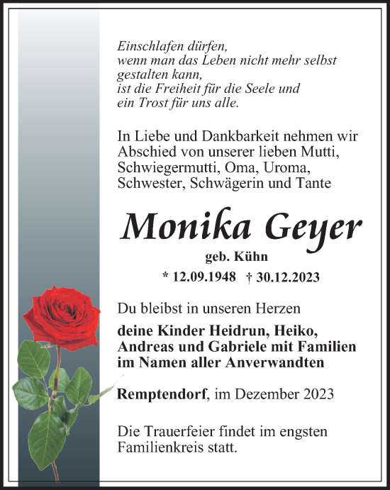 Traueranzeige von Monika Geyer von Ostthüringer Zeitung