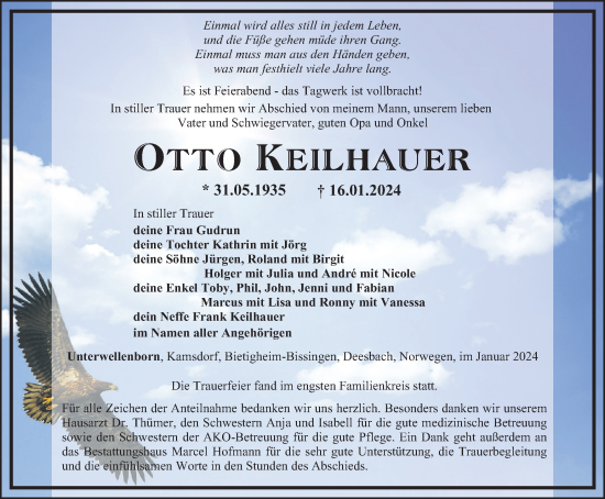 Traueranzeige von Otto Keilhauer von Ostthüringer Zeitung