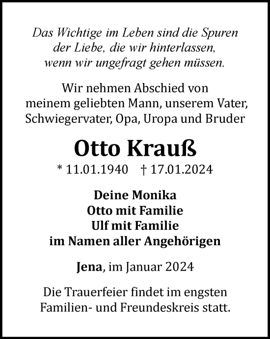 Traueranzeige von Otto Krauß von Ostthüringer Zeitung, Thüringische Landeszeitung