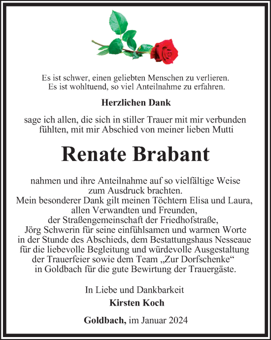 Traueranzeige von Renate Brabant von Thüringer Allgemeine, Thüringische Landeszeitung