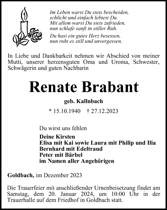 Traueranzeige von Renate Brabant von Thüringer Allgemeine, Thüringische Landeszeitung