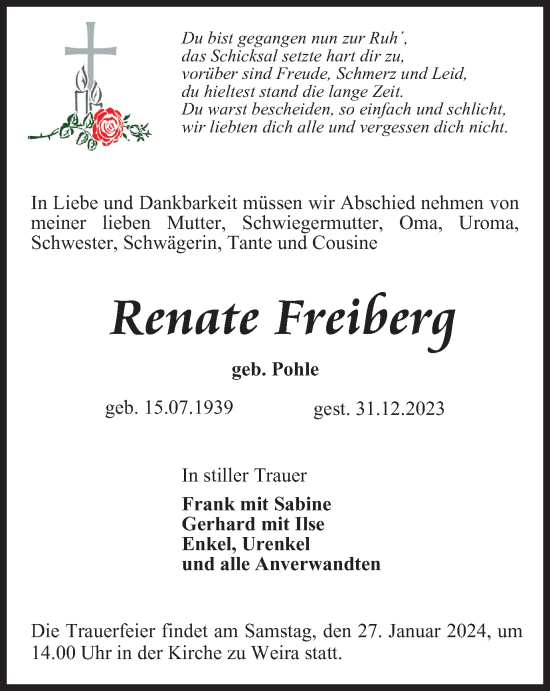 Traueranzeige von Renate Freiberg von Ostthüringer Zeitung