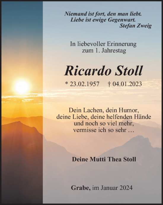 Traueranzeige von Ricardo Stoll von Thüringer Allgemeine, Thüringische Landeszeitung