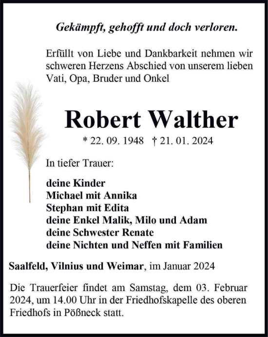 Traueranzeige von Robert Walther von Ostthüringer Zeitung