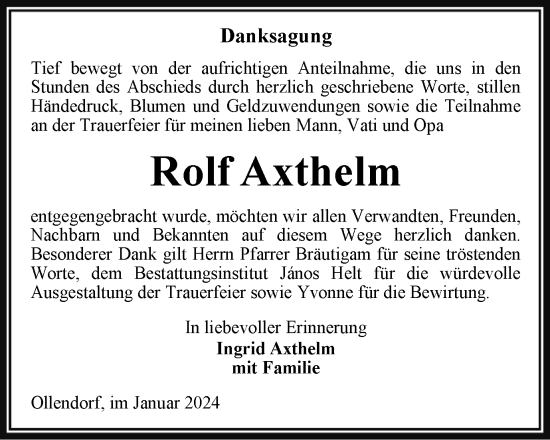 Traueranzeige von Rolf Axthelm von Thüringer Allgemeine, Thüringische Landeszeitung