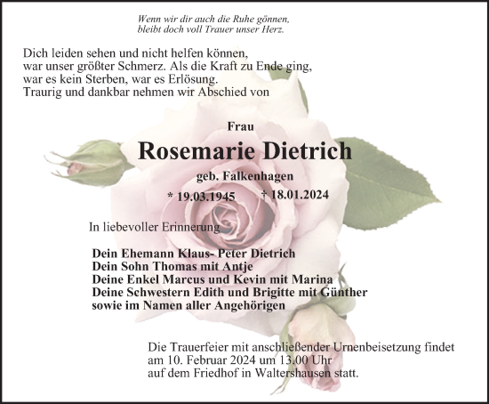 Traueranzeige von Rosemarie Dietrich von Thüringer Allgemeine, Thüringische Landeszeitung