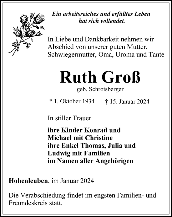 Traueranzeige von Ruth Groß von Ostthüringer Zeitung