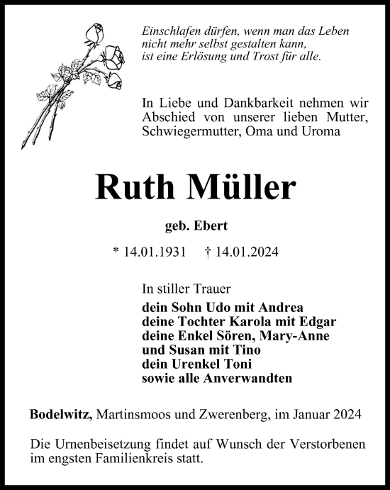 Traueranzeige von Ruth Müller von Ostthüringer Zeitung