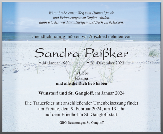 Traueranzeige von Sandra Peißker von Ostthüringer Zeitung