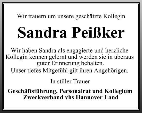 Traueranzeige von Sandra Peißker von Ostthüringer Zeitung