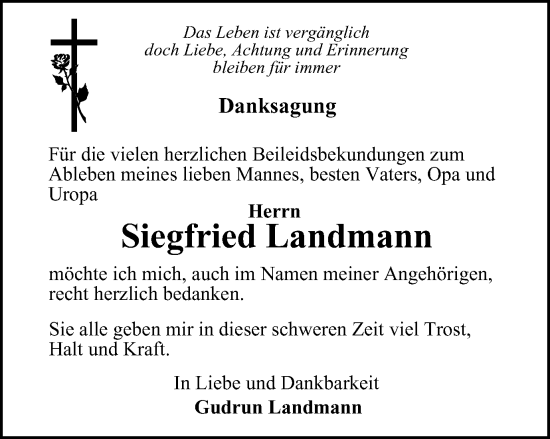 Traueranzeige von Siegfried Landmann von Ostthüringer Zeitung