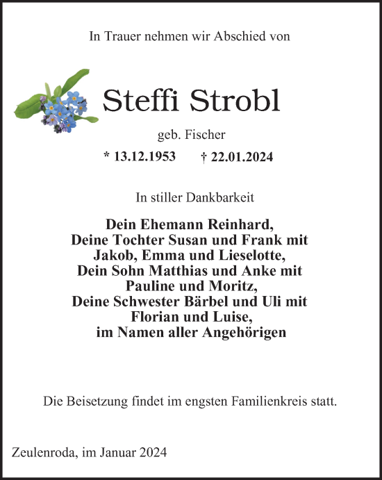 Traueranzeige von Steffi Strobl von Ostthüringer Zeitung