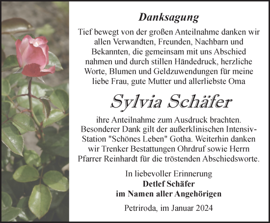 Traueranzeige von Sylvia Schäfer von Thüringer Allgemeine, Thüringische Landeszeitung