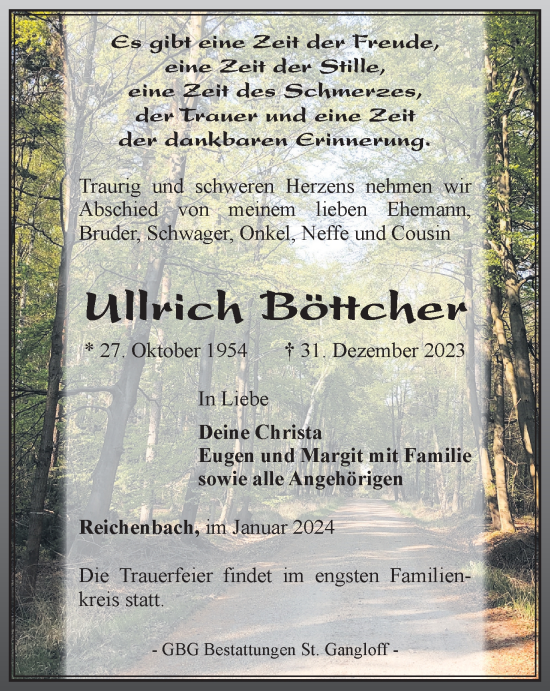 Traueranzeige von Ullrich Böttcher von Ostthüringer Zeitung